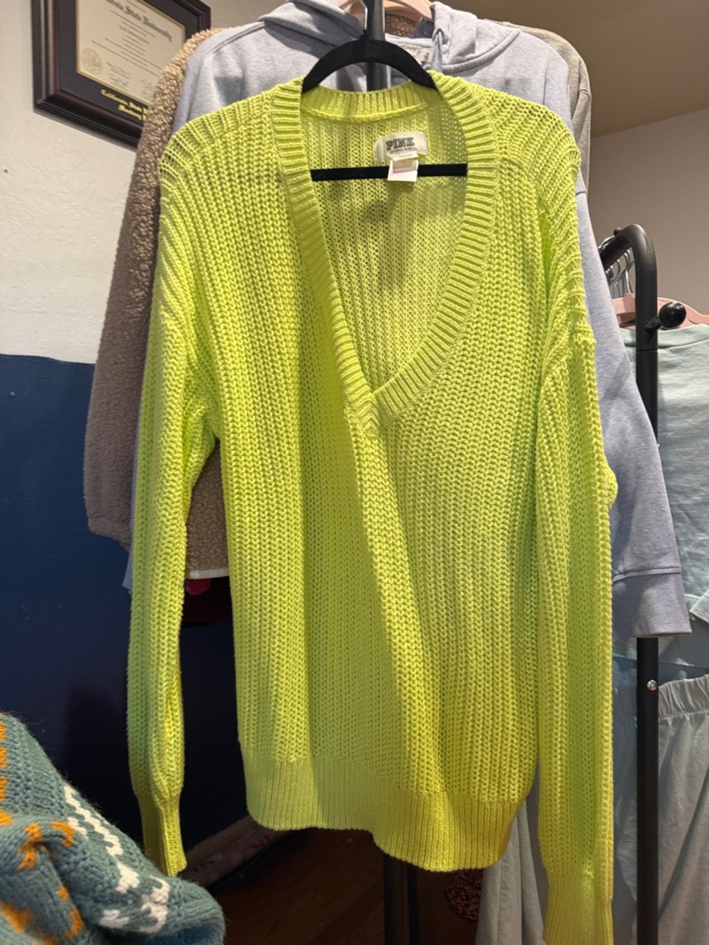 PINK Victoria's Secret Neon Lime V-Neck Sweater
